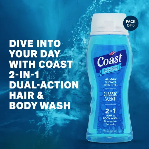 Vista 2 de Coast Gel de baño 2 en 1 para cabello y cuerpo, aroma clásico, gel de baño, champú y acondicionador para hombres, paquete de 6 unidades x 18 onzas