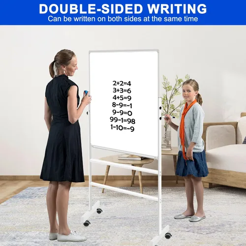 Vista 2 de Pizarra Blanca de Borrado en Seco con Soporte 36" X 24", Pizarra Blanca Móvil con Soportes, Pizarra Blanca Magnética Rodante de Doble Cara y Altura