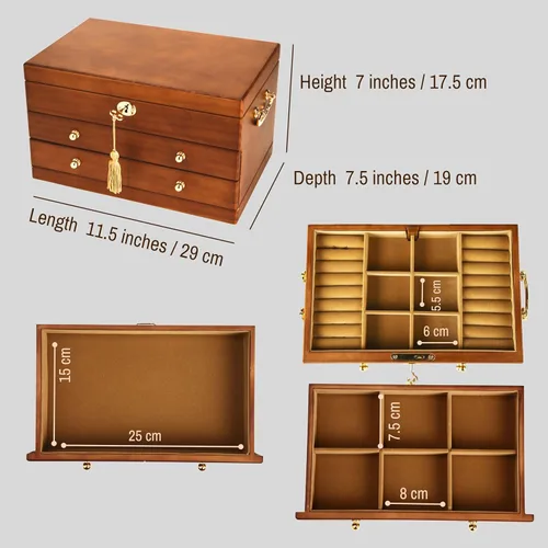 Vista 6 de Joyero de madera con cerradura y llave para mujer, 2 cajones de tamaño mediano, organizador antiguo de madera natural real con cerradura con gran
