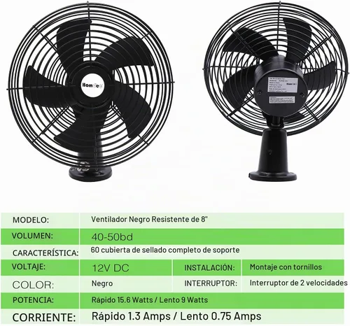 Vista 2 de Ventilador de refrigeración RV de 12 V con interruptor de 2 velocidades, ventilador de metal negro resistente de 8.75 pulgadas, 12 voltios de CC