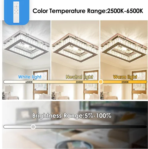 Vista 5 de Finktonglan Lámpara de Techo LED de Cristal Empotrada Moderna, Candelabro Rectangular de Cristal K9 y Acero Inoxidable, 20W Regulable con Control