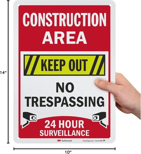 Vista 6 de SmartSign Letrero de "Área de construcción: Keep Out, No Trespassing, 24 Hour Surveillance" Aluminio reflectante de grado de ingeniero 3M de 10 x
