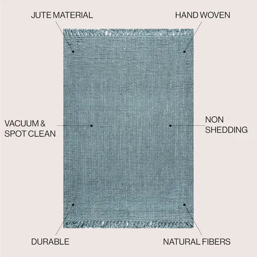 Vista 2 de JONATHAN Y Alfombra de yute tejida a mano con borlas color azul claro/gris, 5x8, Pata, estilo bohemio, rústico, de cabaña, fácil de limpiar
