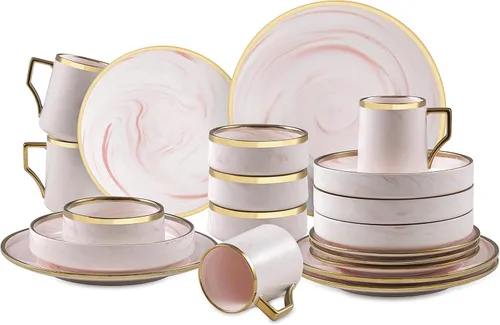 Vista 2 de Fine China Artisan - Juego de vajilla de 20 piezas, color rosa con oro