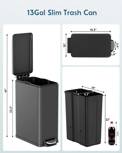 Vista 2 de Arlopu Basurero delgado de cocina de 13.2 galones con tapa, cubo de basura de acero inoxidable de 50 L, cubo de basura grande para cocina, cubo