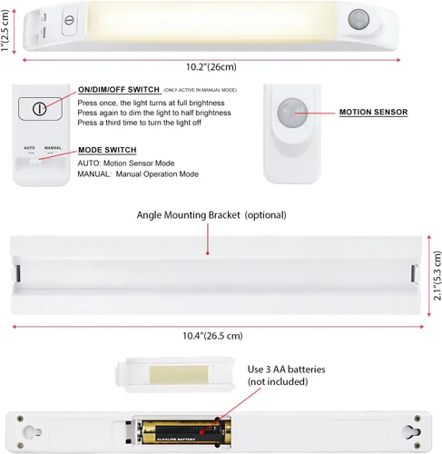 Vista 6 de LUXSWAY Luz LED con sensor de movimiento para interiores, luces regulables debajo del gabinete, encendido/apagado manual, barra de iluminación