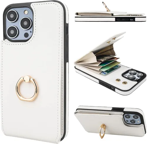 Vista 37 de Folosu Funda tipo billetera compatible con iPhone 14 con soporte para tarjetas, soporte de anillo para dedo con rotación de 360° y función atril
