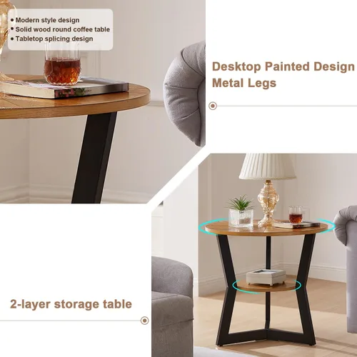 Vista 5 de Mesa auxiliar, mesa auxiliar redonda de madera para sala de estar con mesa de 2 niveles con estante de almacenamiento, diseño de soporte triangular