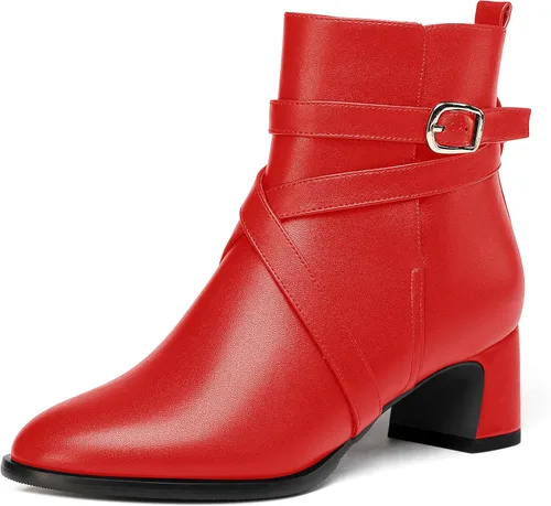 Vista 19 de WAYDERNS Botas altas de tobillo con hebilla casual para mujer, con correa de tobillo sólida mate, tacón bajo y grueso, 2 pulgadas