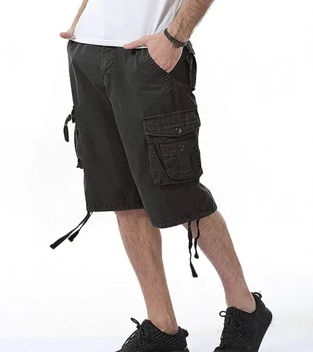 Vista 3 de Pantalones cortos cargo de camuflaje para hombre de ajuste relajado con múltiples bolsillos de algodón