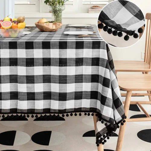 Vista 2 de Jubilantex - Mantel cuadrado de cuadros de búfalo blanco y negro con borlas, textura de lino rústico, mantel de estilo granja para mesa de cocina