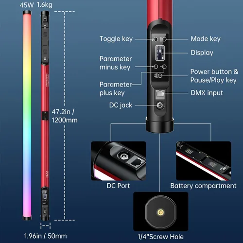 Vista 7 de GVM - Tubo de luz RGB con caja de luz, 2 paquetes de luz de varita de mano de 45 W, tubo de luz LED a todo color de 48 pulgadas, luz de palo