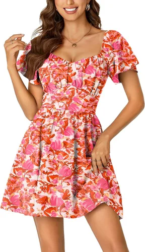 Vista 8 de Rooscier Minivestido acampanado de manga corta con volantes, cuello cuadrado, envolvente y espalda anudada para mujer