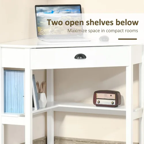 Vista 7 de HOMCOM Escritorio esquinero, escritorio triangular para computadora con cajón y estantes de almacenamiento para espacios pequeños, estación