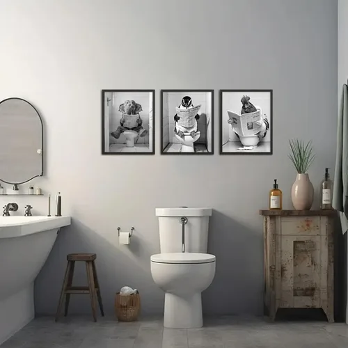 Vista 7 de Kizbok Arte Gracioso para Pared de Baño, Arte en Blanco y Negro, Impresiones de Arte de Baño en Lienzo de Animales Lindos, Carteles Graciosos