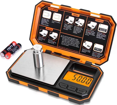 Vista 10 de Báscula de bolsillo digital de Fuzion 7.05 oz/0.00 oz, báscula de gramos con pantalla LCD, tara y PCS, báscula digital mini con peso de calibración