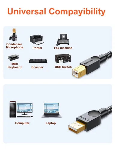 Vista 6 de VANAUX Cable de impresora USB A a B de alta velocidad compatible con impresora, escáner, fax, laptop, computadora, micrófono, teclado midi y más