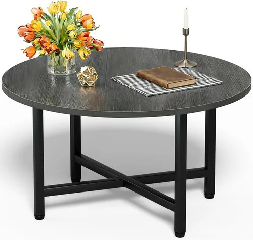 Vista 24 de Mesa de Café FAMIDGE, Mesas de Café de 23.6" para Sala de Estar, Mesa de Café Redonda con Marco de Metal, Mesa de Piso para Sentarse en el Suelo