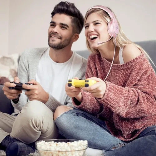 Vista 7 de Auriculares de juego rosas para Nintendo Switch, Xbox One, PS4, PS5, sonido envolvente de graves y cancelación de ruido con micrófono flexible