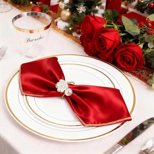 Vista 4 de Juego de 24 servilleteros de flores de perlas, ajustables, dorados, para decoración de bodas, cumpleaños, fiestas, servilleteros de rosas