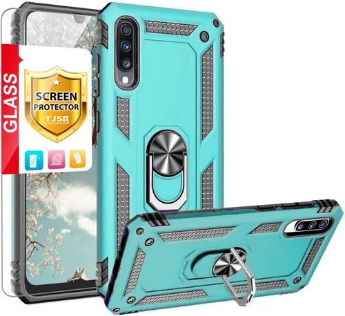 Vista 12 de TJS Funda compatible con Samsung Galaxy A50 2019, con protector de pantalla de vidrio templado, anillo de metal, soporte magnético, resistente Negro