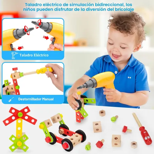 Vista 3 de Set de herramientas para niños con taladro eléctrico, set de 46 piezas de herramientas de madera para jugar para niños pequeños con caja
