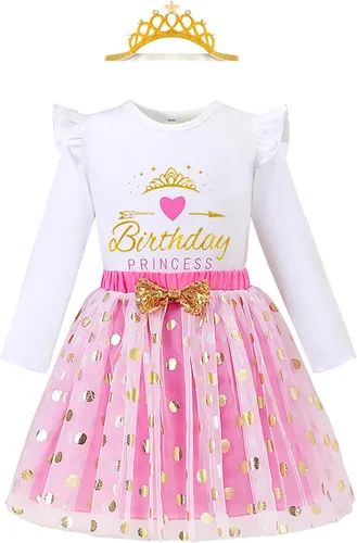 Vista 12 de LYSMuch Conjunto de ropa de cumpleaños para niñas, princesa, camisa de manga larga con malla y falda de burbuja con tutú