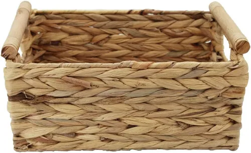 Vista 9 de Canasta de almacenamiento fabricada con jacinto de agua y asas de madera, para manualidades y artesanías. (RectánguloA-Mediano)
