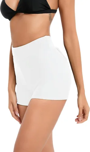 Vista 2 de HYTENSUN Pantalones cortos de natación de cintura alta con corte en V para mujer, pantalones cortos fruncidos con lazo lateral