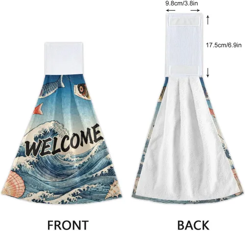 Vista 4 de Toallas colgantes para cocina con punta de dedo para baño, bienvenida, pescado, japonés, retro, impreso, bienvenida, lápiz de pescado