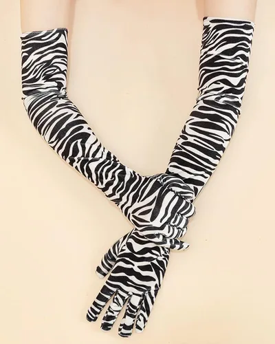 Vista 6 de BXT Guantes largos de terciopelo con estampado de leopardo y cebra para mujer, accesorios de disfraz de Halloween