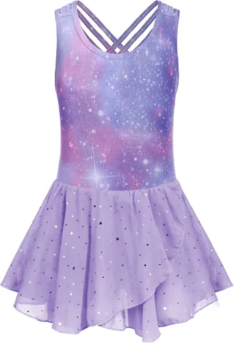 Vista 2 de Zaclotre Leotardos de gimnasia para niñas, con tirantes cruzados, brillantes vestidos de baile de ballet con espalda hueca y falda para disfraz