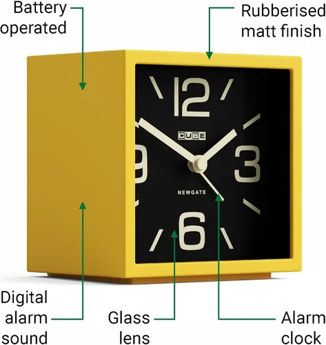 Vista 5 de NEWGATE® Reloj despertador en forma de cubo Alarma retro en forma de cubo Amarillo cítrico Ideal para mesita de noche, escritorio, estante