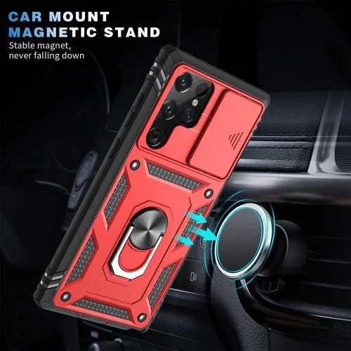 Vista 2 de Funda para Samsung Galaxy S22 Ultra, compatible con Samsung S22 Ultra Stand, funda protectora de cámara deslizante para Galaxy S22 Ultra, color rojo