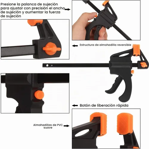 Vista 3 de Abrazaderas de barra de 4 pulgadas para carpintería, paquete de 8 abrazaderas de agarre rápido, abrazadera de trinquete con una mano, abrazadera