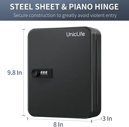 Vista 5 de Uniclife Gabinete de llaves de acero de 48 llaves con cerradura de combinación, organizador de llaves montado en la pared con código reiniciable