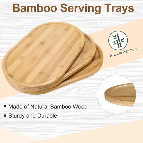 Vista 3 de 8 bandejas ovaladas de bambú para servir, 16 x 10 pulgadas, bandejas de madera rústica para té, café, aperitivos, postres