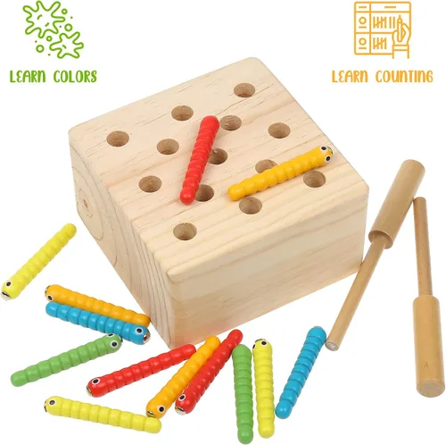 Vista 3 de Boxiki kids Juguetes Montessori de madera para bebés, niños pequeños y niños, habilidades motoras finas, juego de gusano magnético para 3 años