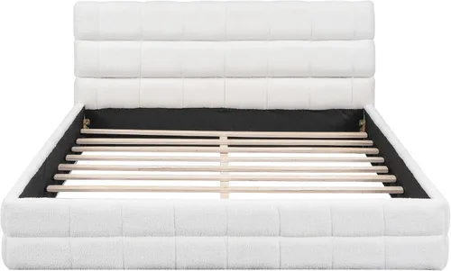 Vista 5 de Moderna cama tapizada de tamaño Queen, forro polar bereber grueso, base de colchón tapizada con cabecera copetuda y soporte de listones de madera