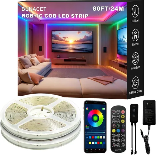Vista 9 de Tira de luces LED de 20 pies COB Smart IC, luces LED RGB de 24V para dormitorio con control remoto RF, botón de aplicación inteligente