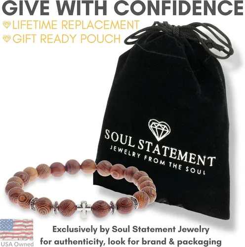 Vista 3 de Pulsera de cruz con cuentas de madera para hombres regalos de confirmación para adolescentes Primera Comunión Declaración de cruz religiosa