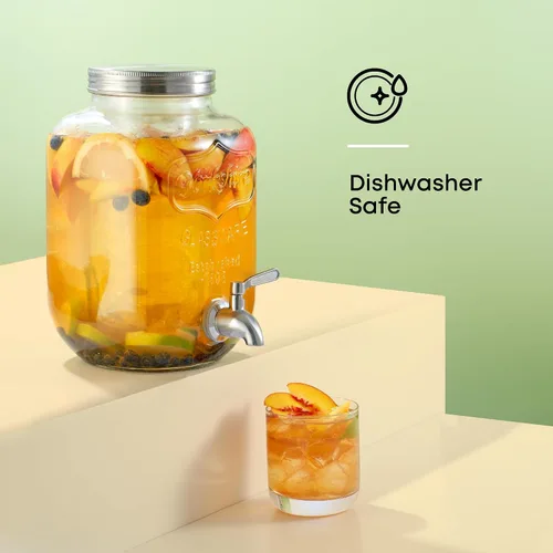 Vista 6 de Dispensador de bebidas de 1 galón. Dispensador de bebidas de vidrio con espita de acero inoxidable más cilindro de hielo e infusor de frutas.