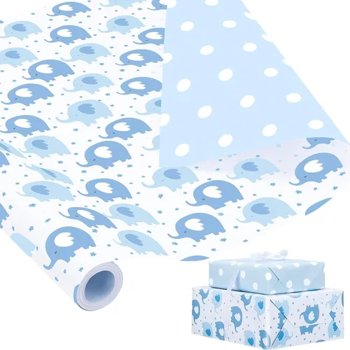 Vista 7 de woric Rollo de papel de regalo reversible para baby shower, de 17 pulgadas x 33 pies, papel de regalo para bebé niño con diseño de elefante azul