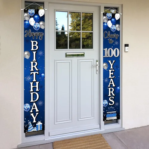 Vista 3 de Decoración de feliz cumpleaños número 100, globo azul y plateado para colgar en la puerta, cartel colgante para puerta – Suministros para fiesta
