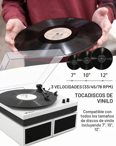 Vista 2 de Reproductores de discos de vinilo con 2 altavoces externos y tocadiscos Bluetooth, color blanco 01-Cuero blanco