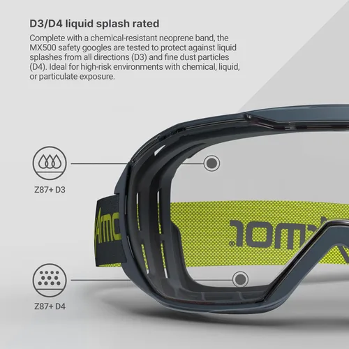 Vista 6 de HexArmor Gafas de seguridad antivaho MX500, diseño sobre las gafas, amplio campo de visión, protección ocular con clasificación de salpicaduras