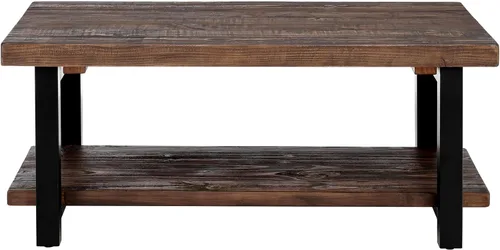 Vista 8 de Pomona - Mesa auxiliar rectangular de madera maciza de 42 pulgadas con estante de almacenamiento y patas de metal, mesa rústica industrial para sala