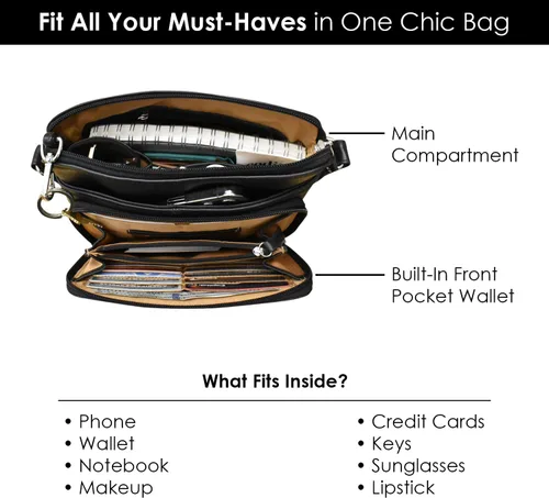 Vista 6 de ili New York Bolsos cruzados de cuero genuino para mujer, organizador de hombro con bloqueo RFID de primera calidad con correa ajustable