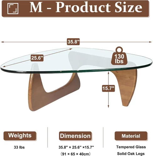 Vista 2 de Mesa de Centro Triangular con Base de Madera, Superficie de Vidrio Transparente, Mesa de Vidrio de Mediados de Siglo, Mesa Auxiliar Abstracta