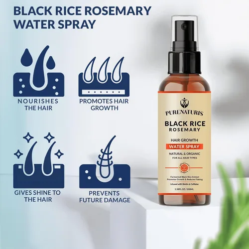 Vista 5 de PureNaturis Champú orgánico de agua de arroz negro con romero para el crecimiento del cabello, spray de agua de arroz, con agua de romero, biotina